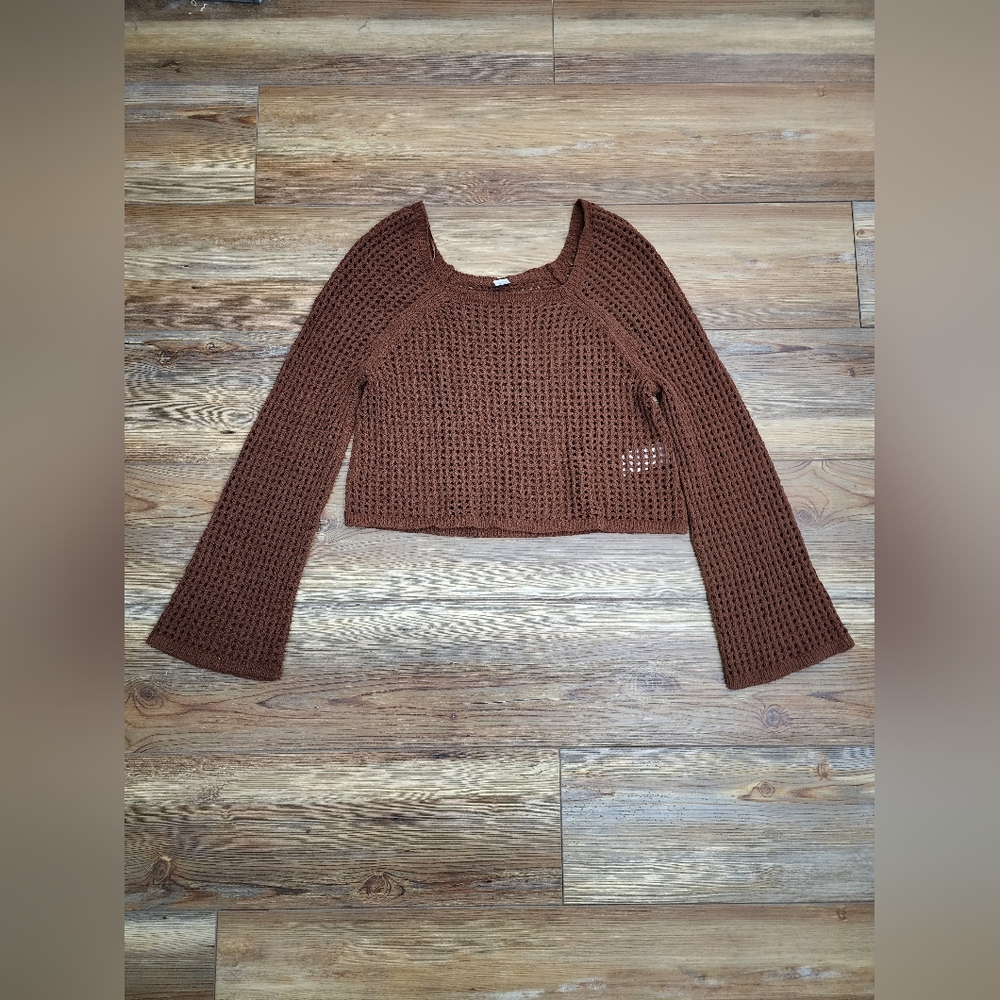 Old Navy Sweater Women's M Brown Open-Stitch Cropped Bouclé Sweater NEW